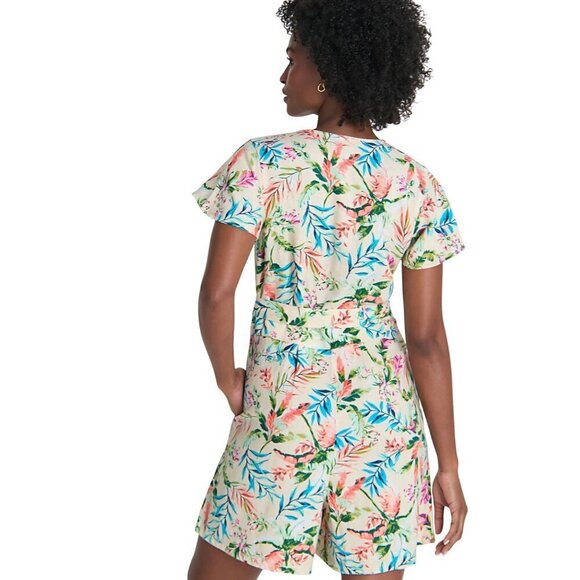 Lands' End NWOT Flutter Sleeve Linen Romper Antique Alabaster FloralPalm Size 12 - Picture 4 of 13